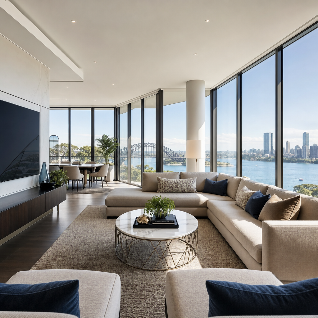 Bright modern Sydney living room photographed for a property listing