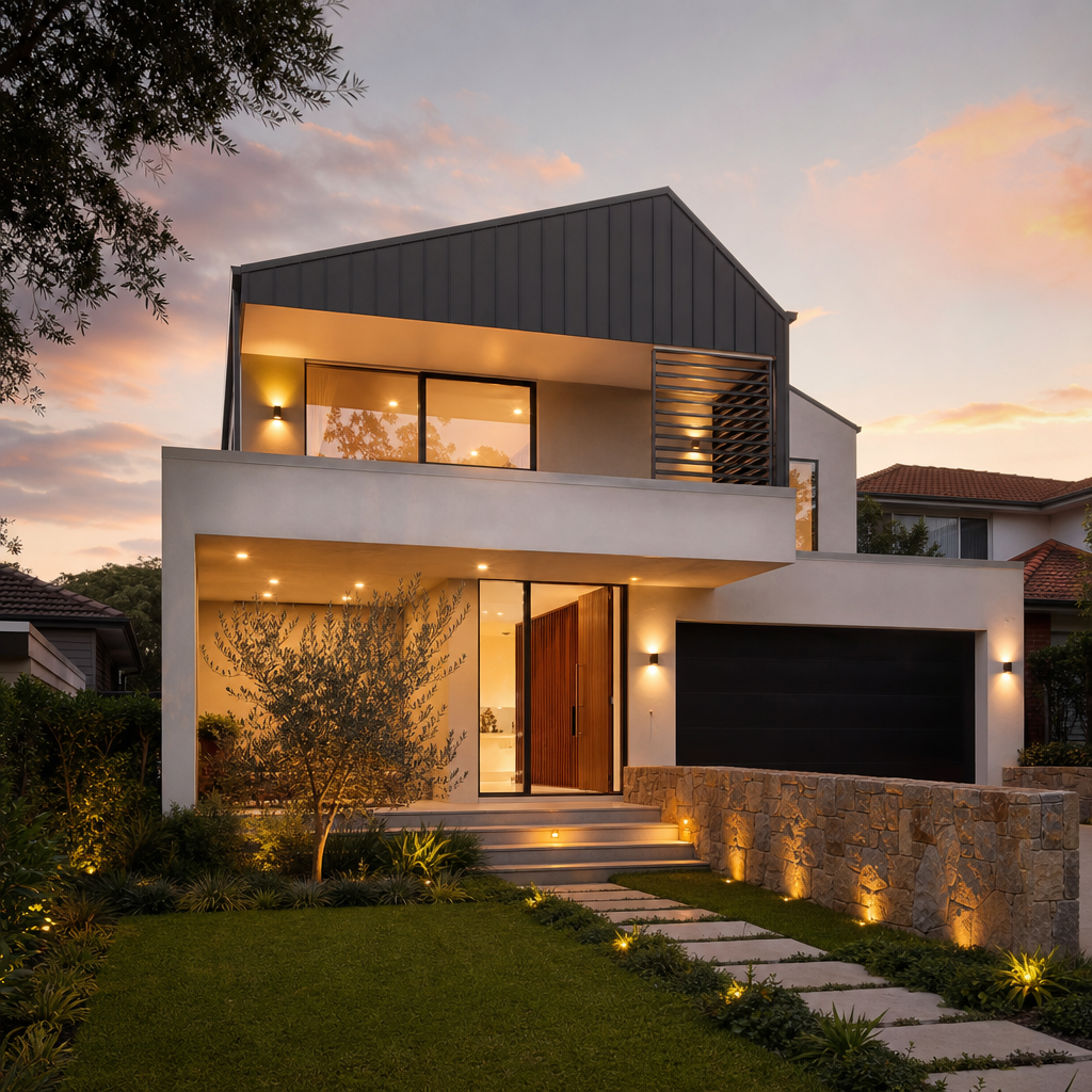 Modern Sydney house exterior photographed at golden hour